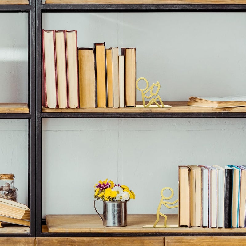 Natrlart Metal Unique Office Desk Bookends Decorative Cute Book Ends Reading Decor Bookshelf Decor for Office School Library Bedroom, Book Lovers Gift（Gold） - Image 3